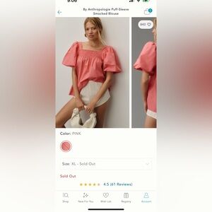 By Anthropologie Puff Sleeve Smocked Blouse in Size XL